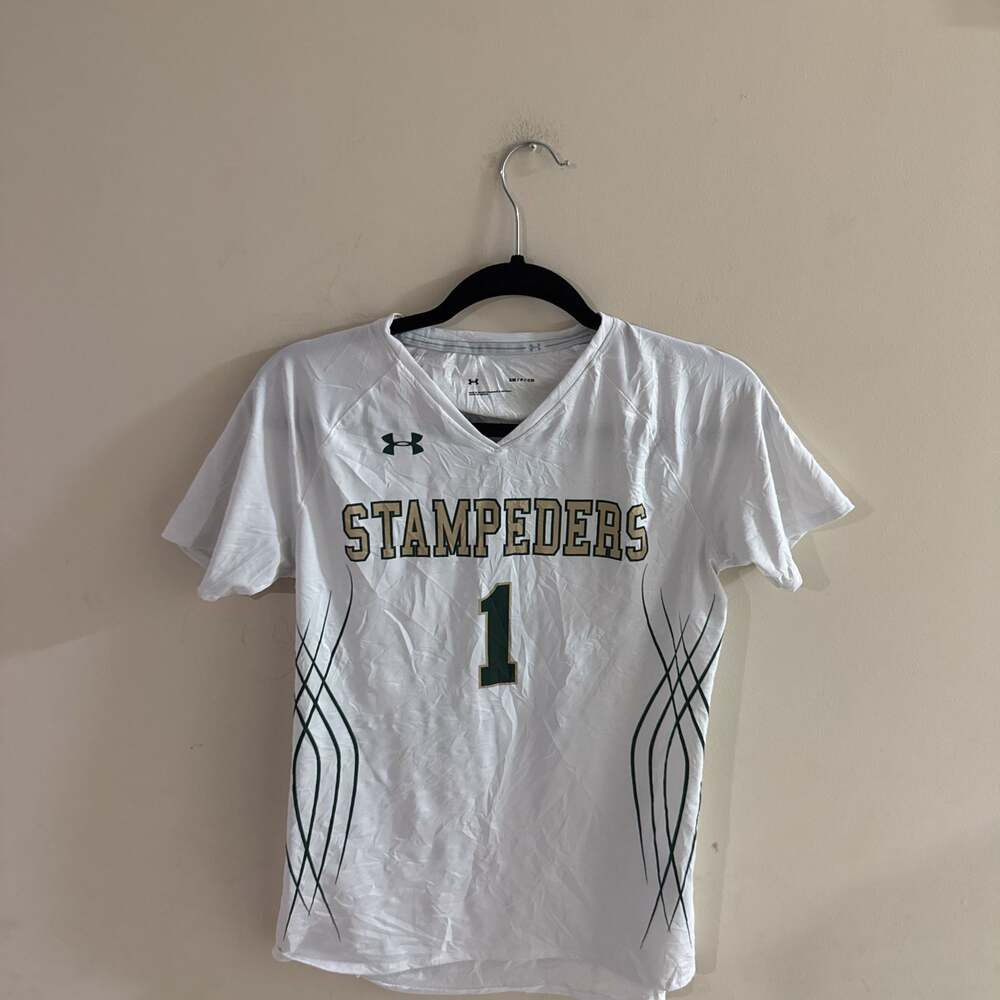Under Armour Stampeder's #1 White/Green Athletic Jersey Shirt